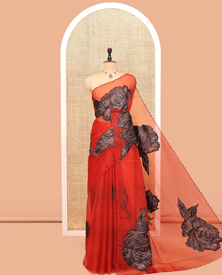 Red Turkey Organza Saree, Rose Floral Applique Embroidery, Scallop Border, Matching Blouse