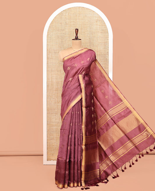 Brown Banana Pith Saree, Enriched with Diamond Buttas on Its Body, Subtle Temple Border, Pallu Steeped with Zari Stripes, and Paired with a Matching Blouse