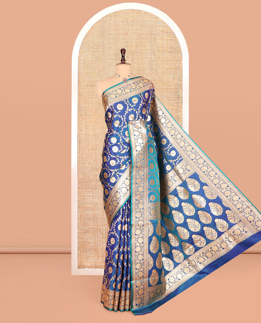 Blue Banarasi Nylon Saree, Ornamented with Floral Jacquard, Contrast Floral Creeper Zari Border, Intricate Pallu, and a Contrast Blouse