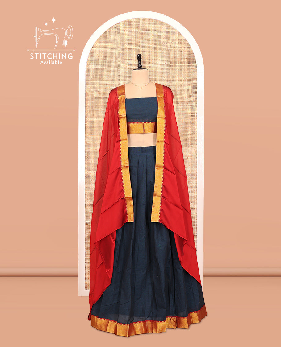 Black Cotton Half-Saree Features Plain Skirt, a Contrast Temple Zari Border, a Matching Blouse, and a Contrast Dhavani