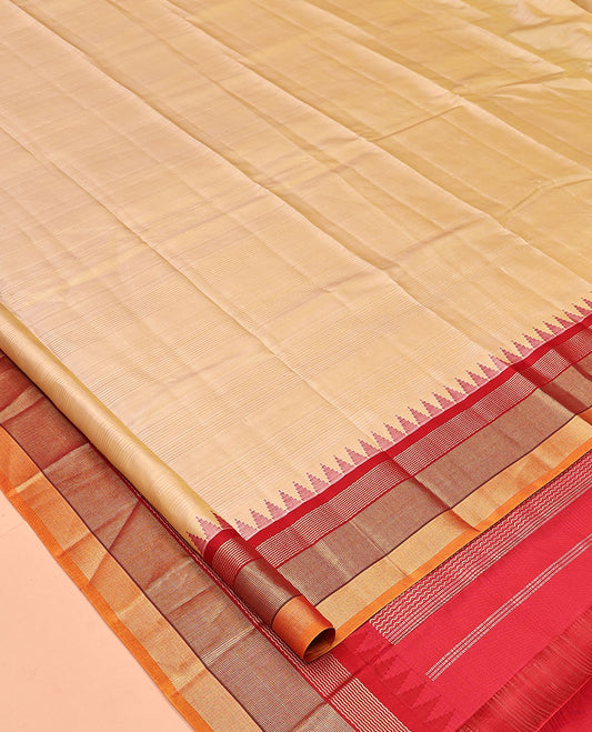 Sandal-Striped Bangalore Silk Saree, Complemented by a Contrast Temple Ganga-Jamuna Border, Pallu of Temple and Neli Designs, and a Contrast Blouse