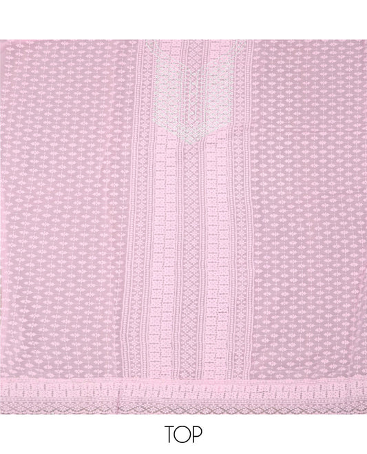 Baby Pink Material Chudidar Set, Crafted with Chikankari-Style Embroidery and Neck Stone Work on Georgette Top, a Plain Santoon Bottom, and Paired with a Floral Vine Embroidery Georgette Dupatta