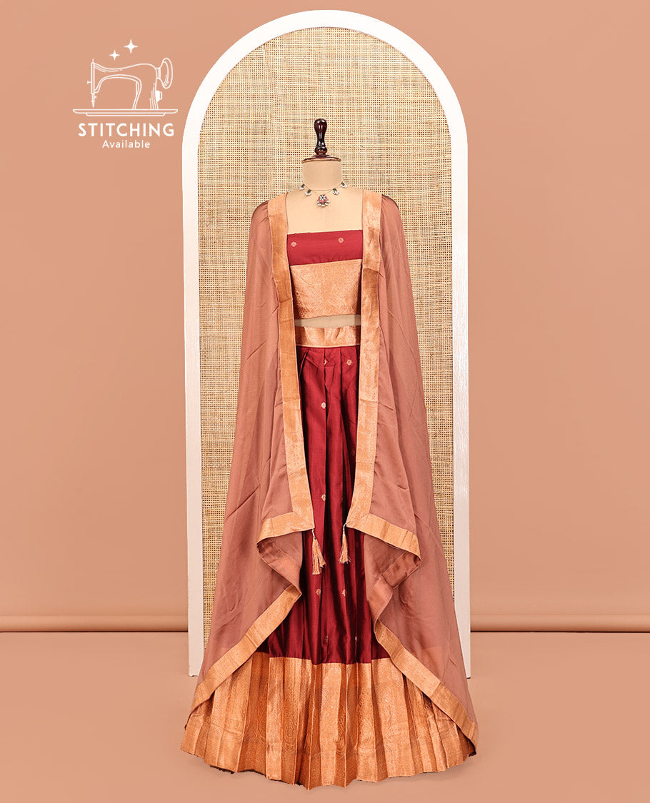 Light Maroon Art Silk Half Saree Features Buttas Skirt, Complemented by Contrast Traditional Border, Matching Blouse, and a Plain Zari-Bordered Dhavani