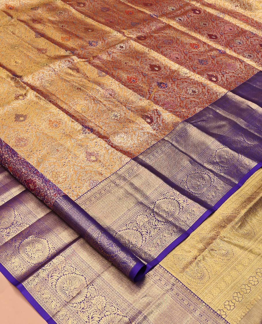 Orange Kanchipuram Tissue Silk Saree, Detailed with Jacquard, a Contrast Traditional Zari Border, Intricate Pallu, and Contrast Blouse