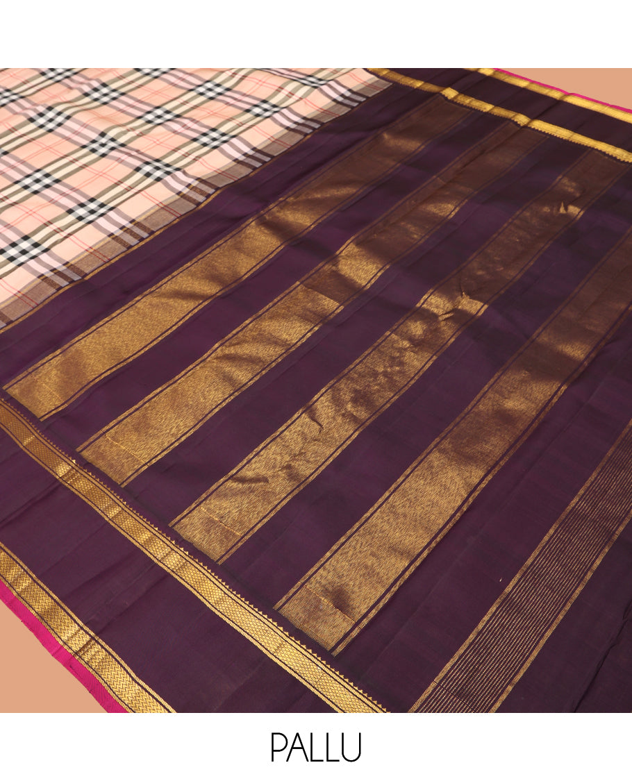 Beige Burberry Checked Kanchipuram Silk Saree, Complemented by a Contrast Rettai Pettu Korvai Border of Rekku, Banaras, Kuyil Kann, and Vanki Designs, Zari Design Pallu, and a Contrast Blouse