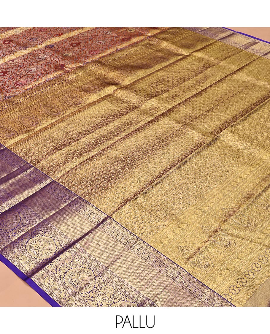 Orange Kanchipuram Tissue Silk Saree, Detailed with Jacquard, a Contrast Traditional Zari Border, Intricate Pallu, and Contrast Blouse
