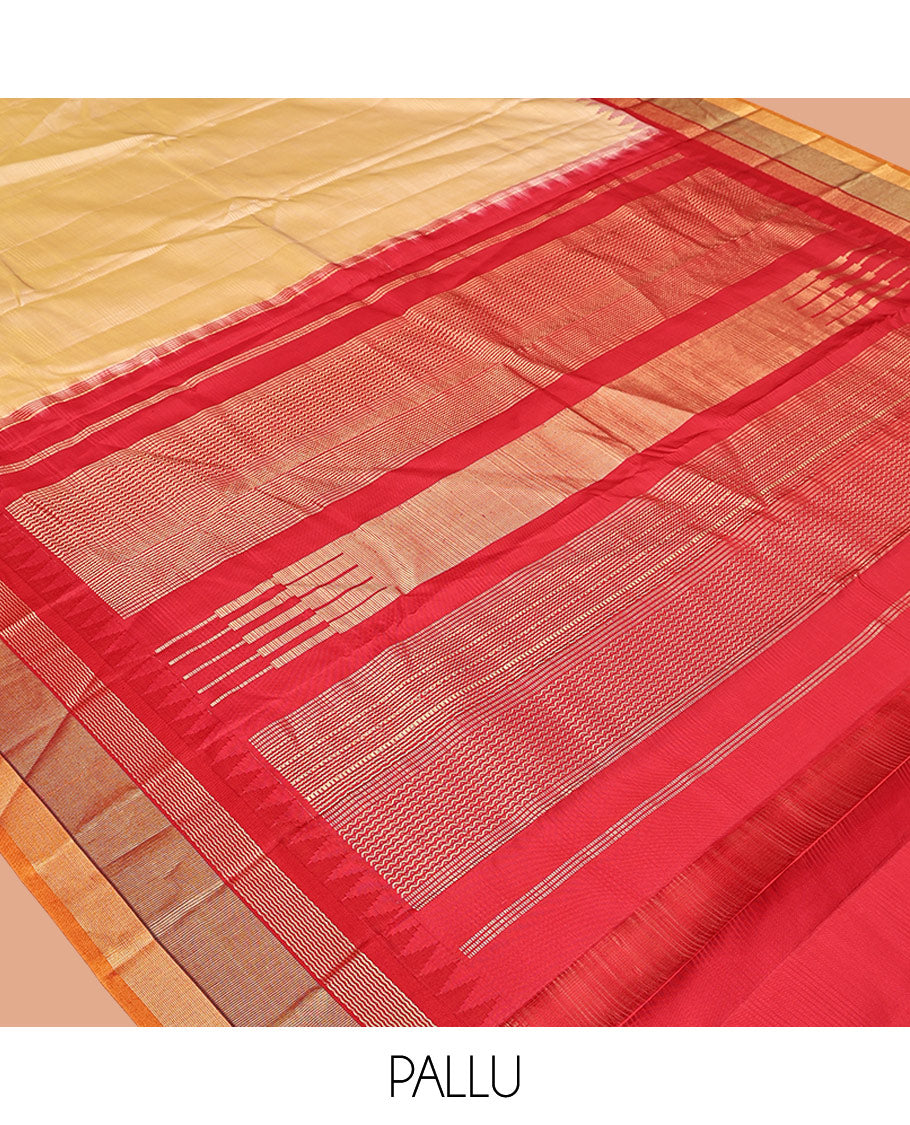 Sandal-Striped Bangalore Silk Saree, Complemented by a Contrast Temple Ganga-Jamuna Border, Pallu of Temple and Neli Designs, and a Contrast Blouse