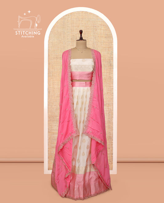 Cream-Pink Banarasi Half-Saree, Bedecked with Buttas Skirt, a Contrast Traditional Lace Border, Matching Blouse, and Scallop Embroidered Dupatta