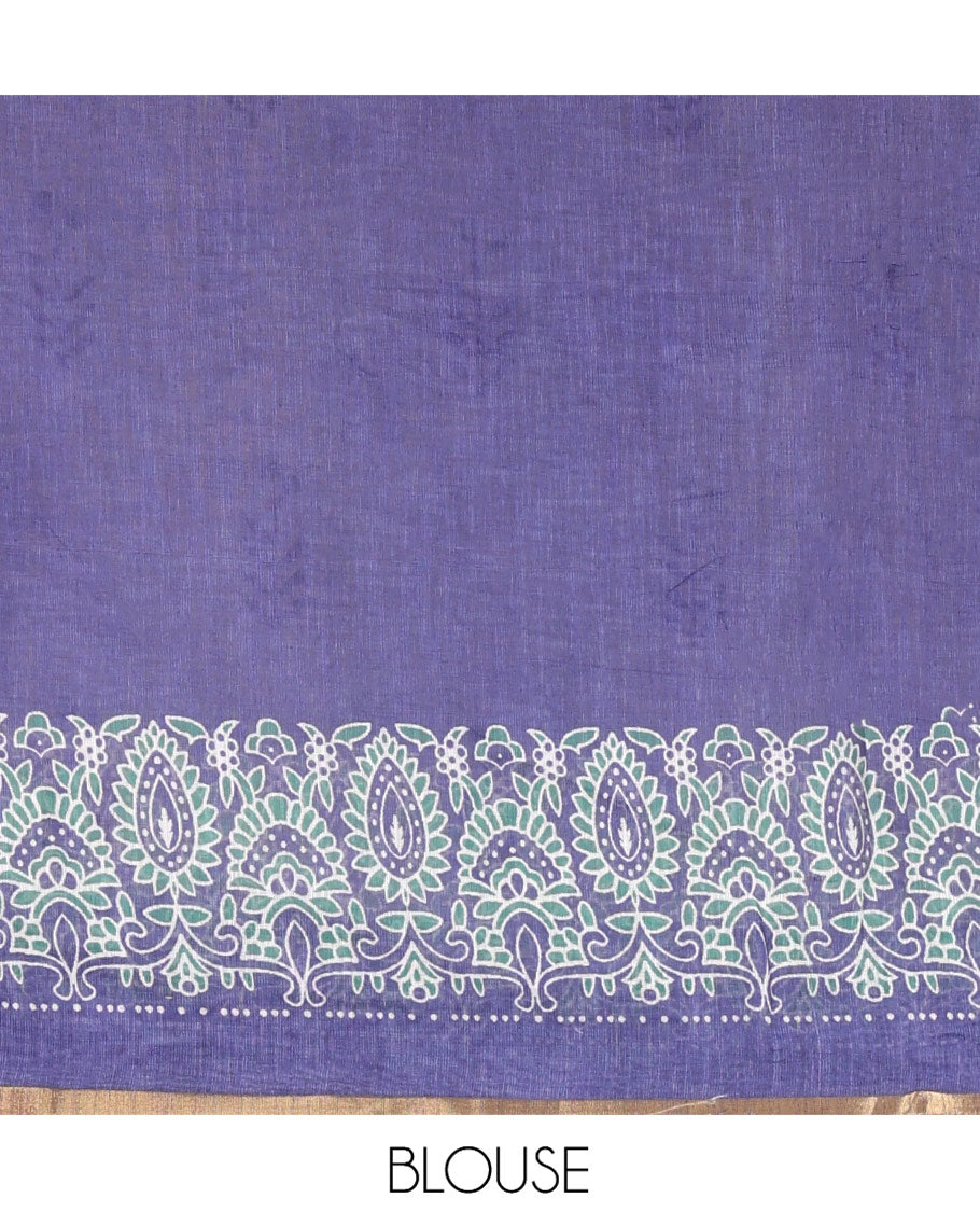 Cream-Blue Linen Cotton Saree Features Floral Buttas, Contrast Printed Border, Intricate Pallu, and a Contrast Blouse