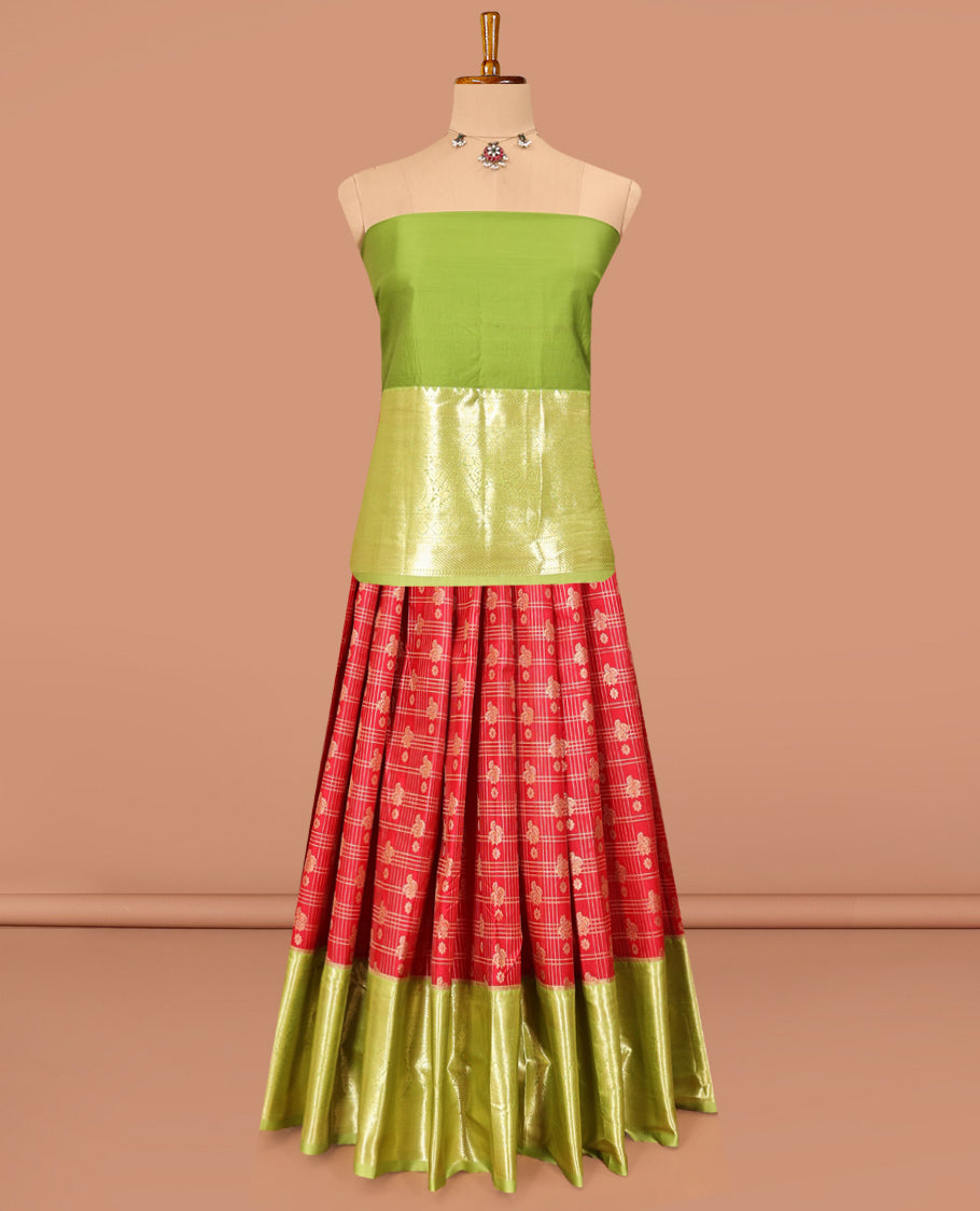 Red Art Silk Material Half Saree Set, Spotlighted with Zari Design Skirt, a Contrast Traditional Zari Design Border, Contrast Blouse, and an Intricate Dhavani