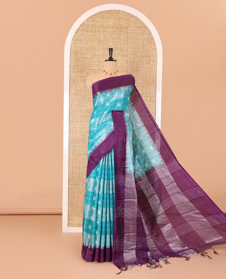 Rama buttas and checked Bhagalpur cotton saree, contrast temple border, striped pallu, and contrast silver zari blouse