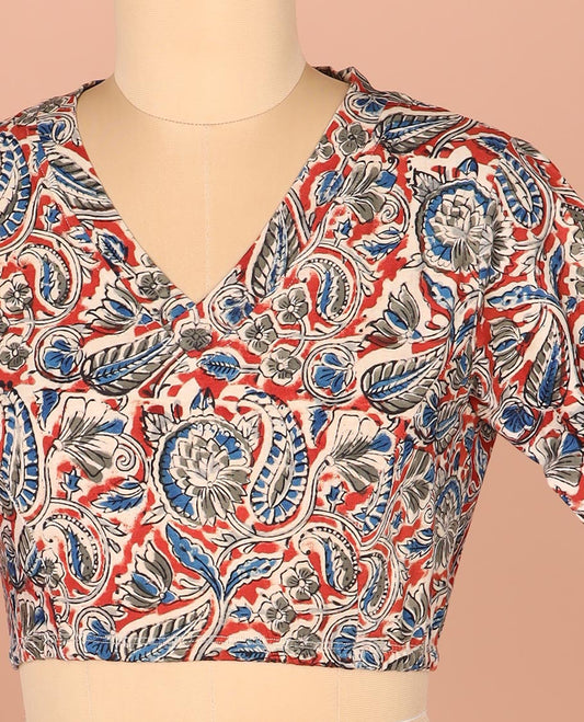 Multi-Color Readymade Blouse Meticulously Printed with Floral-Paisley Vine, Featuring a Front V-Neck, a Back Closed Neck, and Full Sleeves