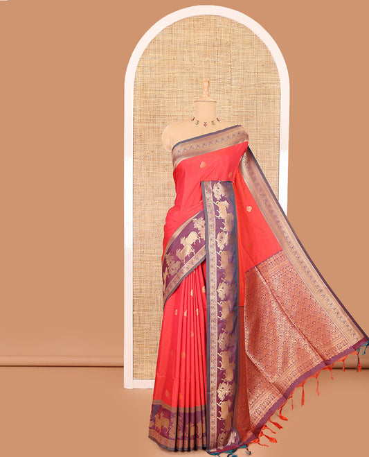 Red zari buttas elite soft silk saree, contrast traditional zari border of Pichwai cow design, scallop pallu, and a contrast zari design blouse