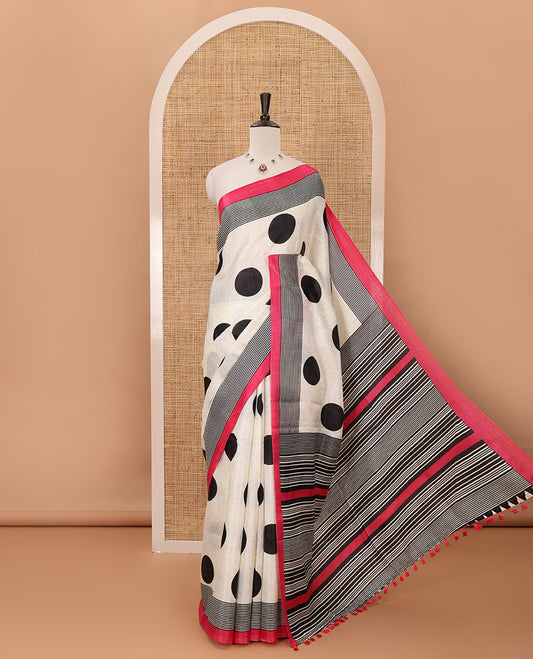 Cream polka dot printed khadi cotton saree, contrast piping border with stripes print, stripes printed pallu & pink stripes printed blouse