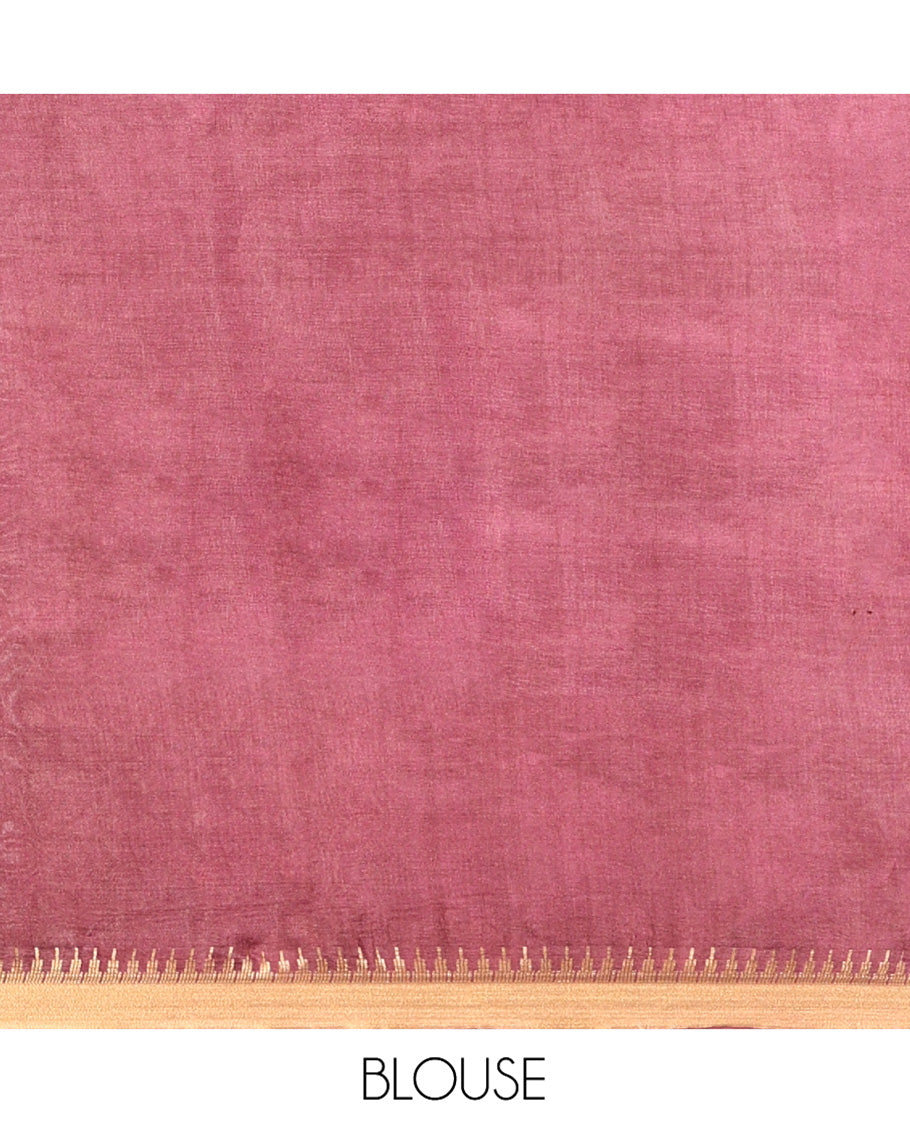 Brown Banana Pith Saree, Enriched with Diamond Buttas on Its Body, Subtle Temple Border, Pallu Steeped with Zari Stripes, and Paired with a Matching Blouse