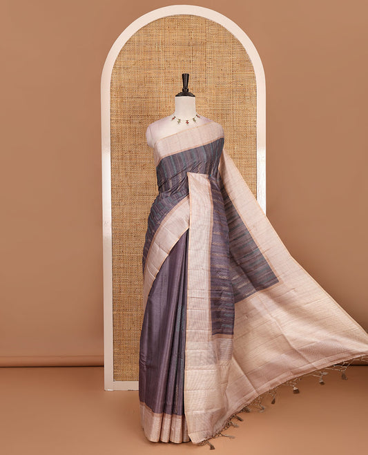 Grey floral vines thread embroidered Tussar saree, contrast Thread border, plain pallu, and contrast blouse