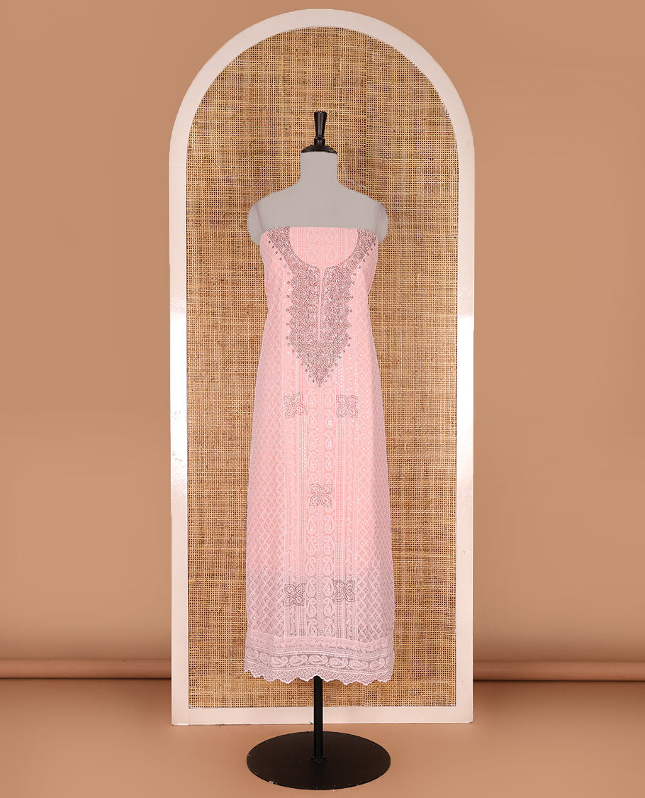 Peach material churidar set, stone work with Schiffli style embroidered georgette top, American Crape bottom, and polka dotted printed mirror work dupatta