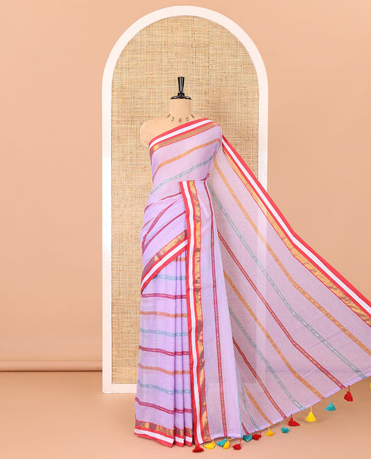 Lavender horizontal multi-colored striped Khadi mul cotton saree, contrast satin gold zari piping border, striped pallu, and a matching blouse