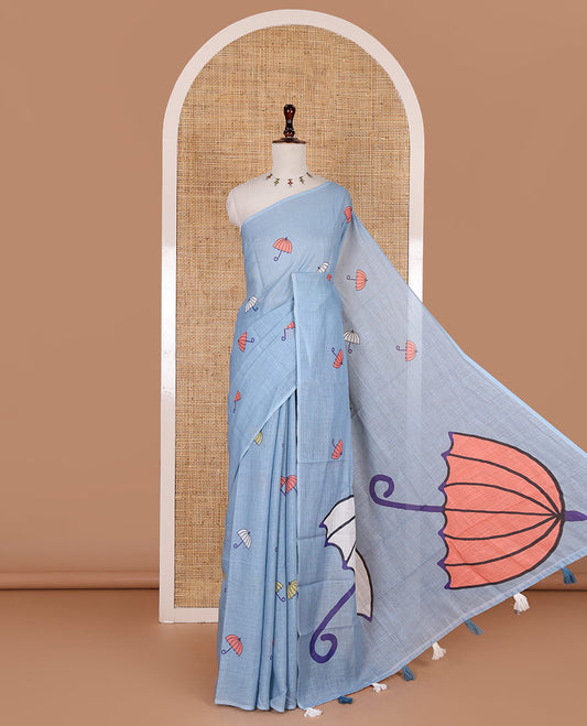 Borderless Sea blue umbrella motifs printed linen cotton saree, self-pallu of big umbrella motifs and contrast blouse