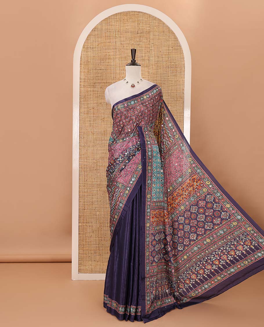 Navy blue-base colorful Mughal-style motifs printed & real mirror embroidery masakali saree, self-border &  pallu of print & mirror work