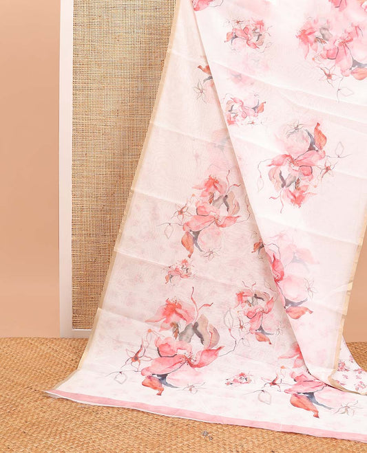 White all-over floral printed linen cotton saree with self zari border