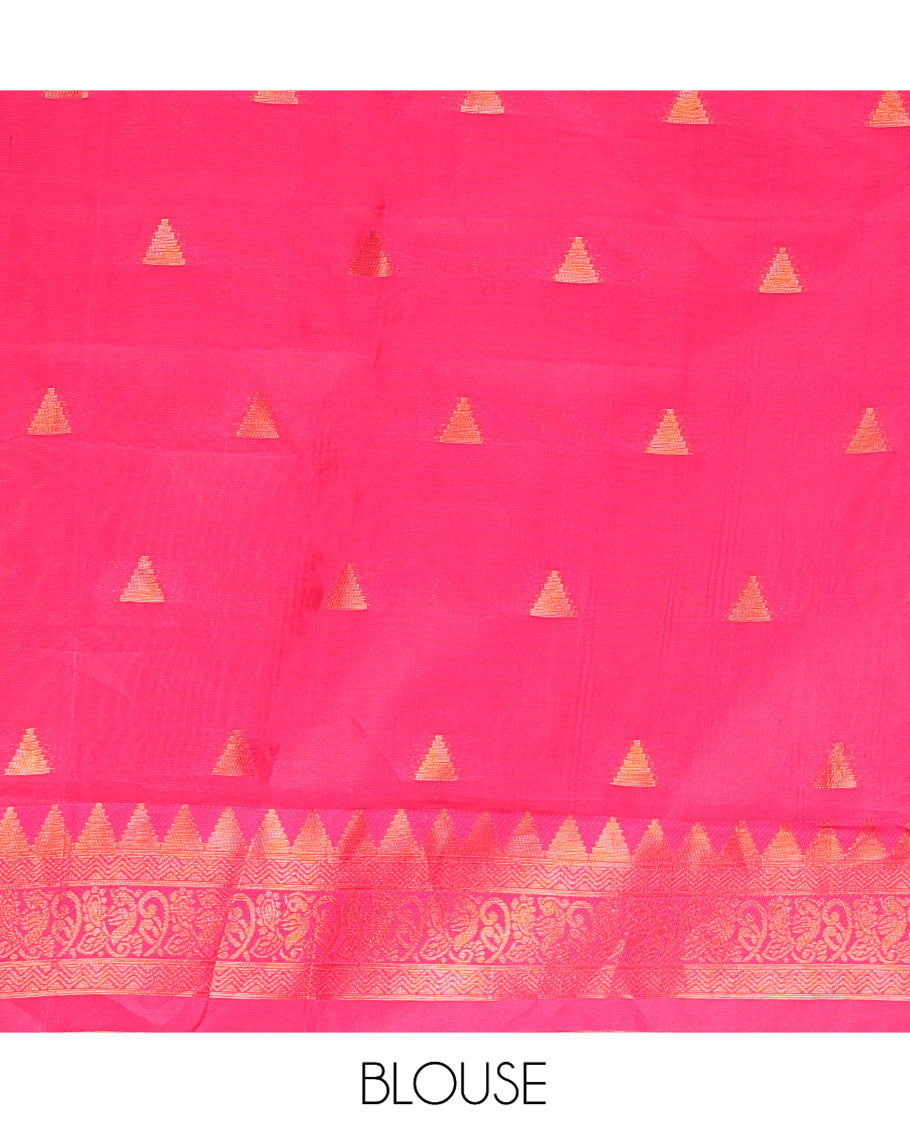 Purple Litchi Chettinad Saree Features Zari Design, Contrast Traditional Border, Contrast Blouse