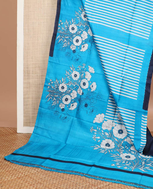 Blue floral, geometric design printed silk saree with contrast border