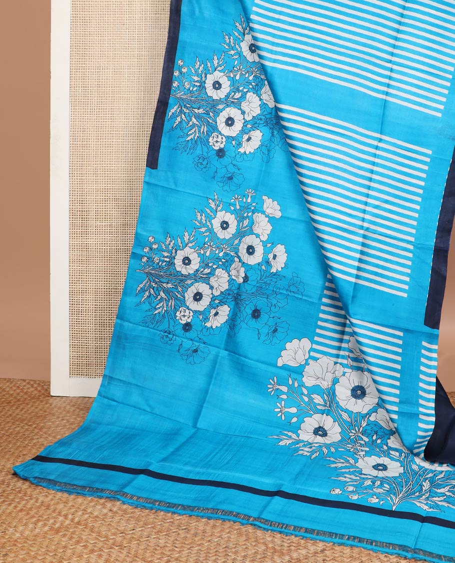 Blue floral, geometric design printed silk saree with contrast border