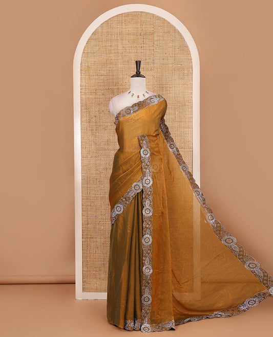 Mustard full-plain fendy chiffon saree, scallop swarovski stone work geometric border and contrast plain blouse
