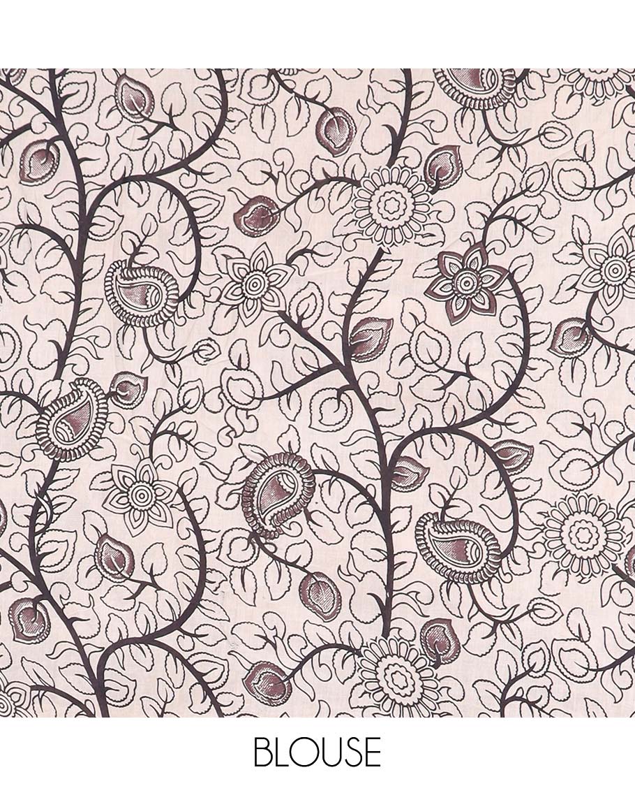 Red batik machine-printed kalamkari cotton saree, self-border & pallu of peacock motifs