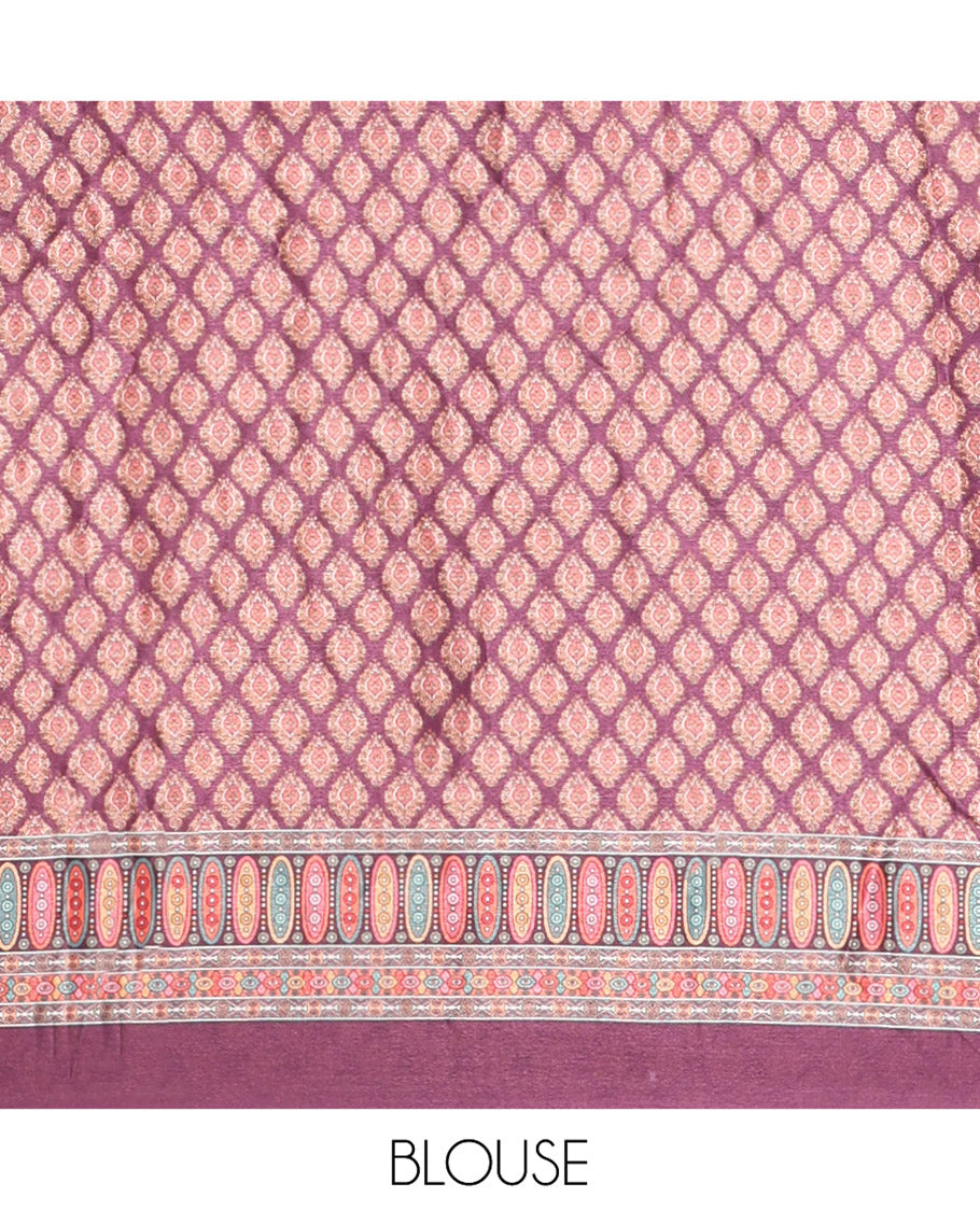 Purple Masakali Saree, Majestically Detailed with Kaleidoscopic-Colored Floral and Mughal-Themed Motifs Printed Mirror Work All Over Its Body, Printed Border, Intricately Printed Mirror Work Pallu, and Paired with a Matching Blouse