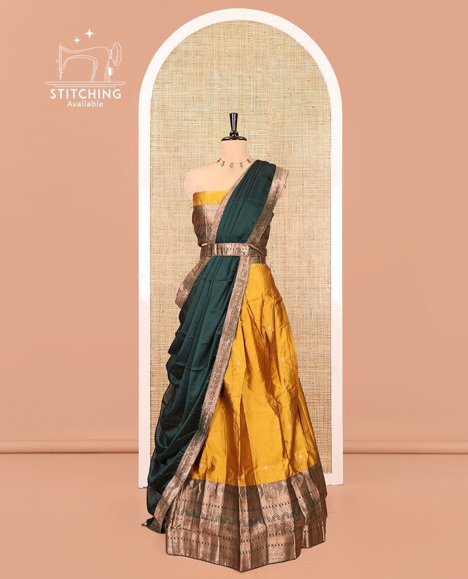 Yellow Semi-Banarasi Half-Saree Featuring Buttas Skirt, Contrast Traditional Border, Matching Blouse, Satin Georgette Dhavani