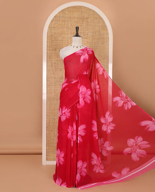 Borderless rani pink big floral motifs printed georgette saree with contrast printed blouse