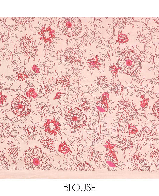 Red floral & bird machine-printed kalamkari cotton saree, floral border & human figurines pallu