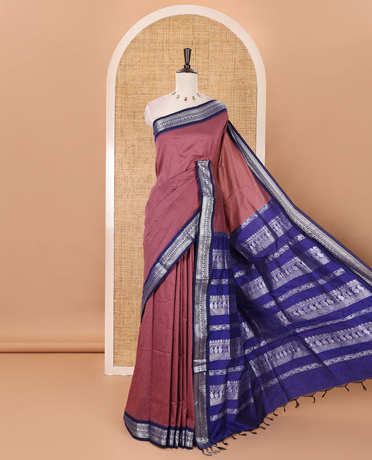 Onion pink full-plain Kalyani cotton saree, contrast traditional zari design border, zari design steeped pallu & contrast plain blouse