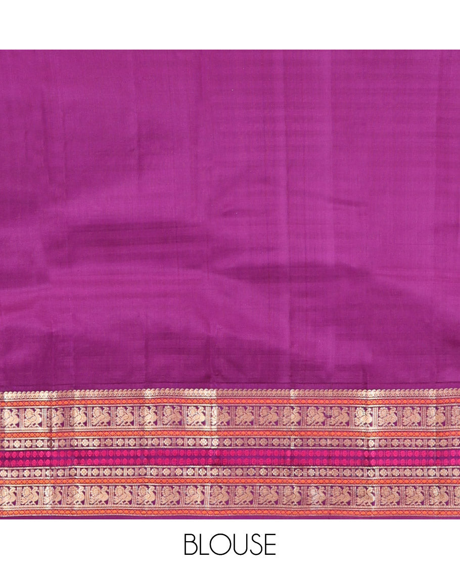 Light Purple Checked Kanchipuram Silk Saree, a Contrast Korvai Border of Manga Mokku, Diamond, Mayil, Kamalam, and Poun Designs, Traditional Pallu, and a Contrast Blouse