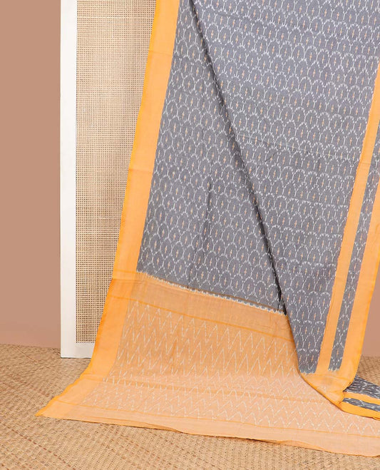 Grey ogee design ikkat cotton saree with contrast border & chevron design pallu