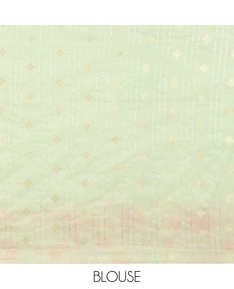 Multi-color floral vine & peacock printed & zari striped semi-banaras crepe saree, zari border & zari striped pallu