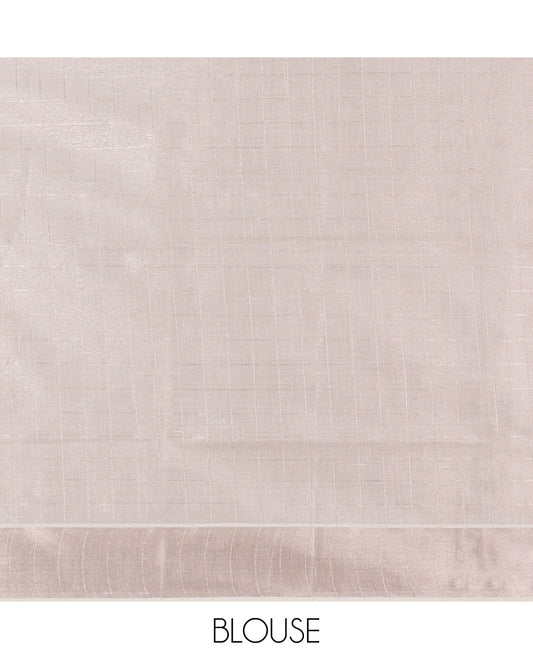 Off-White Kerala Saree, Sparsely Woven Zari Checks on Its Body, Subtly Sparkled Zari Bavanji Border, Pallu of Zari Checks, and Paired with a Matching Blouse