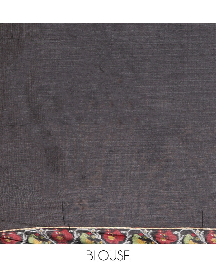 Black Art Tussar Saree, Bedecked with Dotted-Kantha-Style Stripes and Ikkat Buttas on Its Body, a Subtle Piping Border, Pallu of Ikkat Floral and Macaw Parrot Designs, and Paired with a Matching Blouse