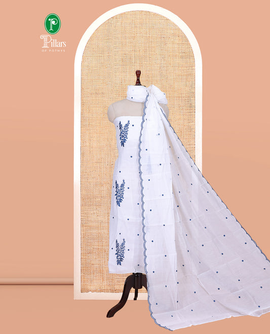 White-Blue Mul Chanderi Material Churidar Features Floral Embroidered Top, a Matching Bottom, and an Embroidered Scallop Dupatta