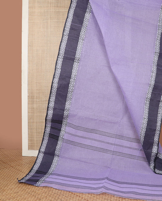 Purple checked bengal cotton saree with contrast geometric design border & checked pallu
