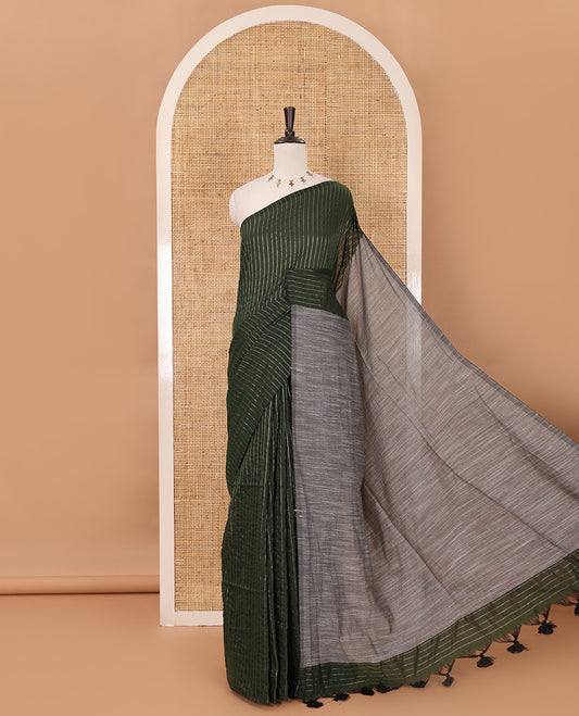 Borderless green vertically striped khadi cotton saree, contrast grey plain pallu & matching plain blouse