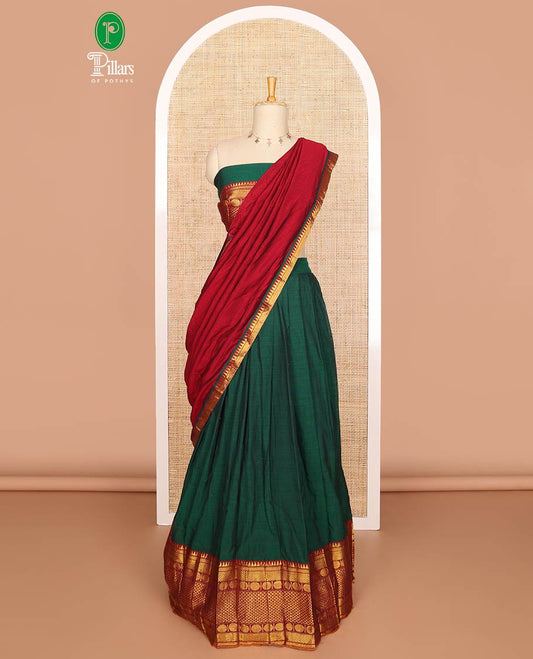 Green mercerised cotton daman resham border half saree with mercerised cotton blouse & skya georgette one side resam border work