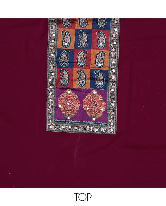 Maroon chudidhar material set  floral thread embroidered with mirror work top, plain bottom & floral design, mirror work dupatta