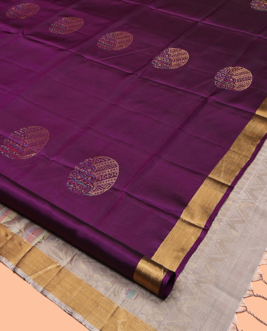 Purple Mayuri Lite Silk Mix Saree, Spotlighted with Zari Buttas, a Subtle Zari Piping Border, Contrast Intricate Pallu and a Contrast Blouse