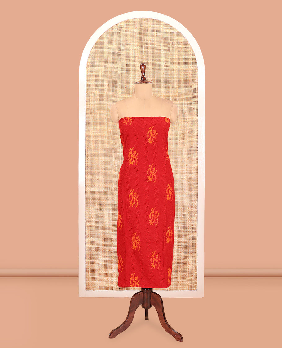 Red Cotton Material Chudidar, Batik Printed Hakoba Work Top, Contrast Bottom, Batik Printed Dupatta
