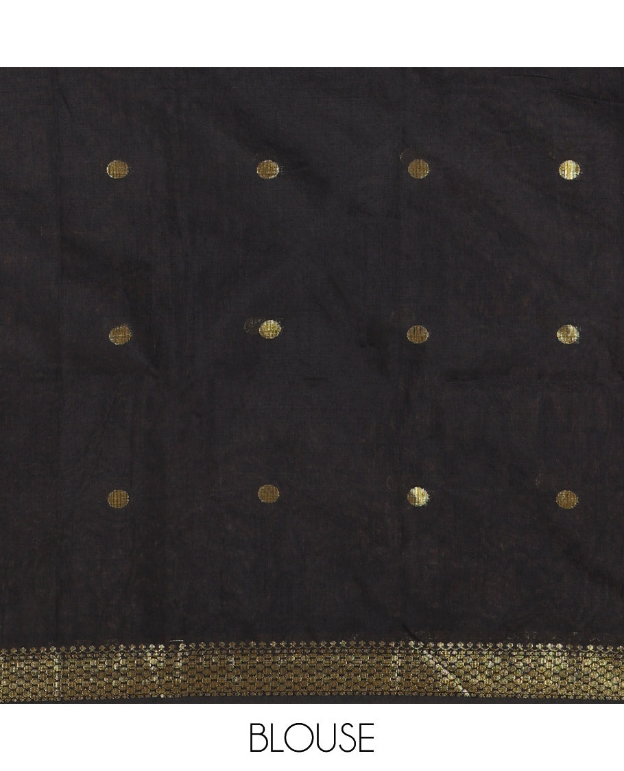Black Maheshwari Cotton Saree,  Flower Buttas All Over Its Body, Highlighted by Zari Border, Pallu of Contrast Floral Buttas, and a Contrast Blouse