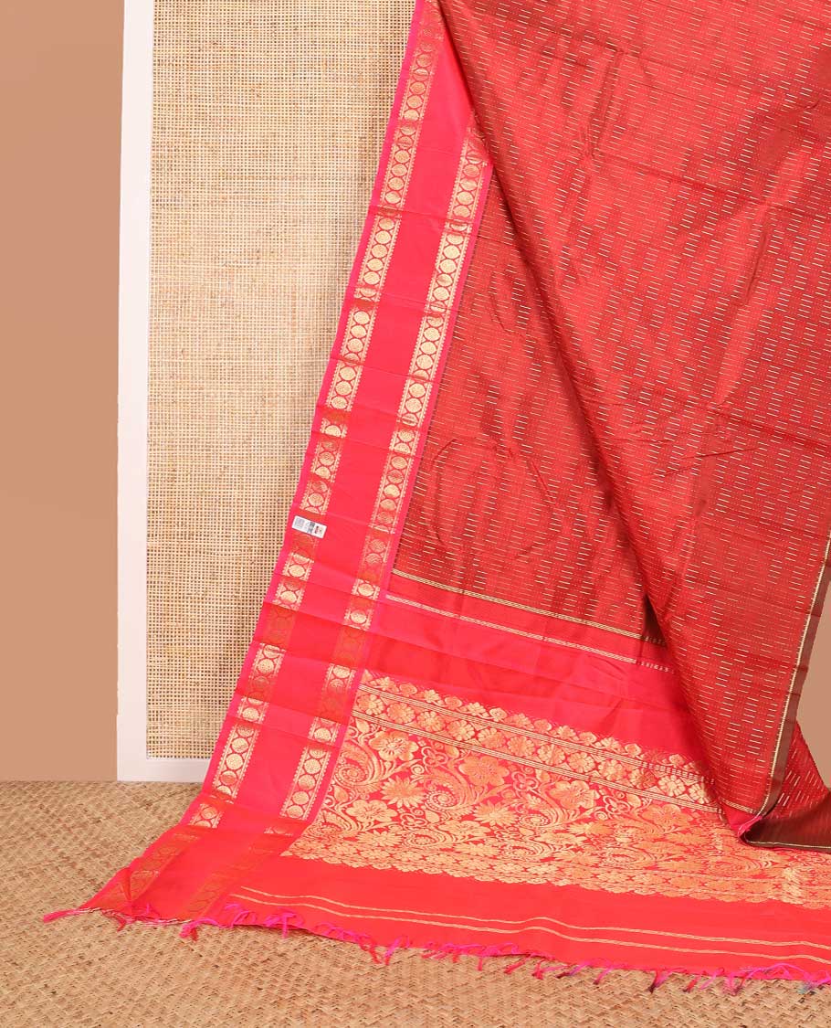 Red geometric design kancheepuram silk saree with contrast rettai pettu border of rekku, banaras, poo chakram design & zari design pallu