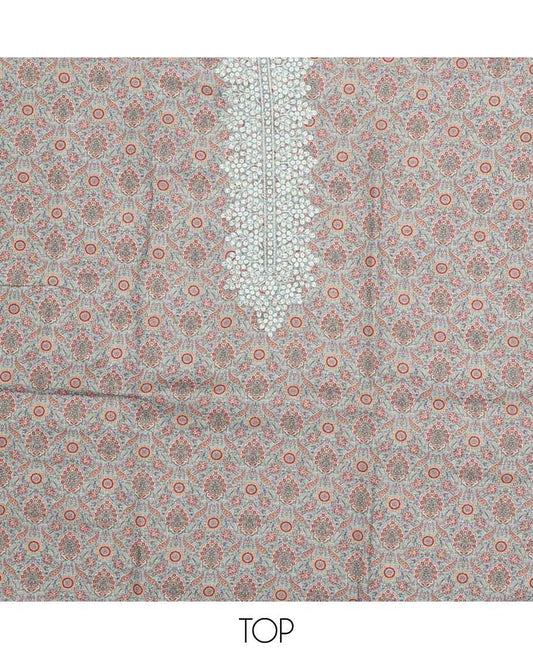 Multi-color chudidhar material set floral embroidery top, contrast plain bottom & blue sequins embroidery dupatta